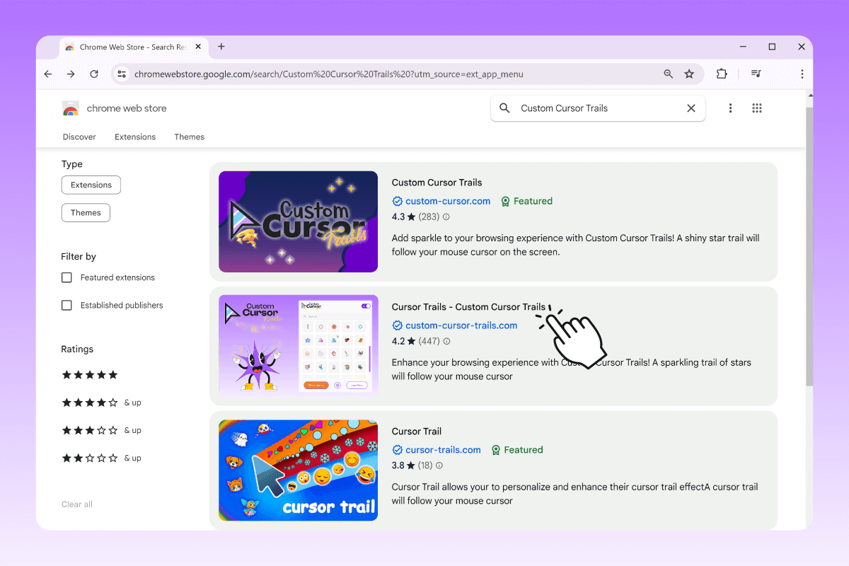 4. Find the «Custom Cursor Trails» extension in the search results.