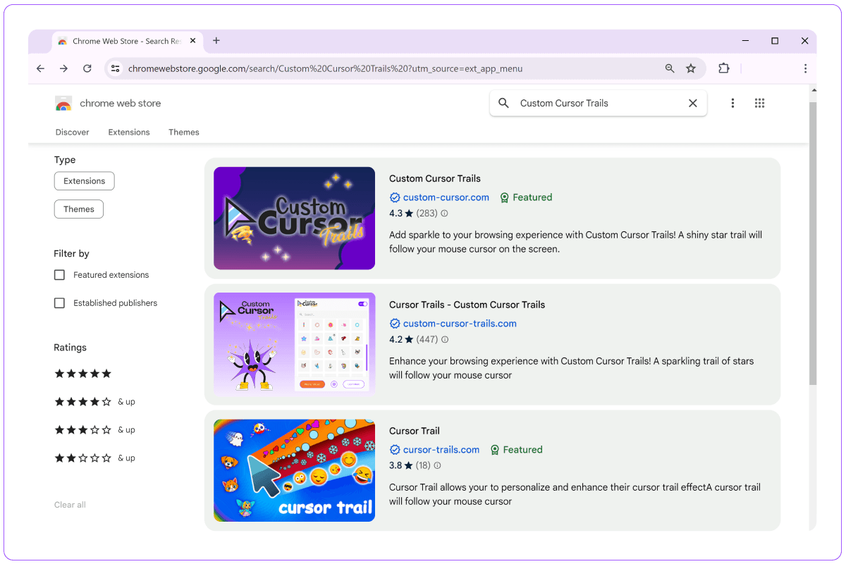 4. Find the «Custom Cursor Trails» extension in the search results.