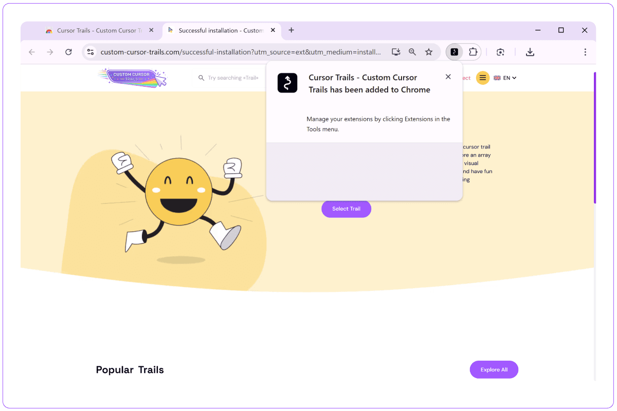 8. Reload the page or open a new tab to start using the new features of «Custom Cursor Trails».